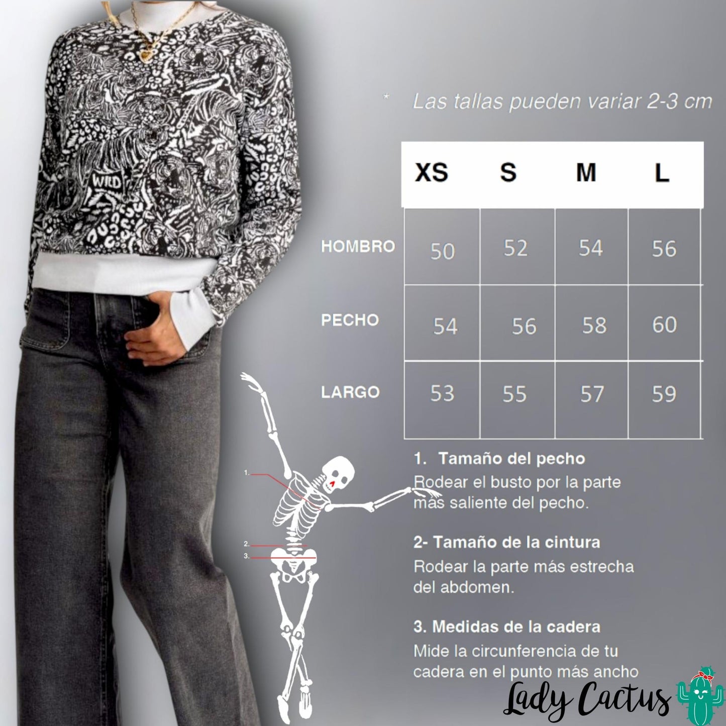 Guía de tallas de la Sudadera Felinos de Aire Retro en Lady Cactus