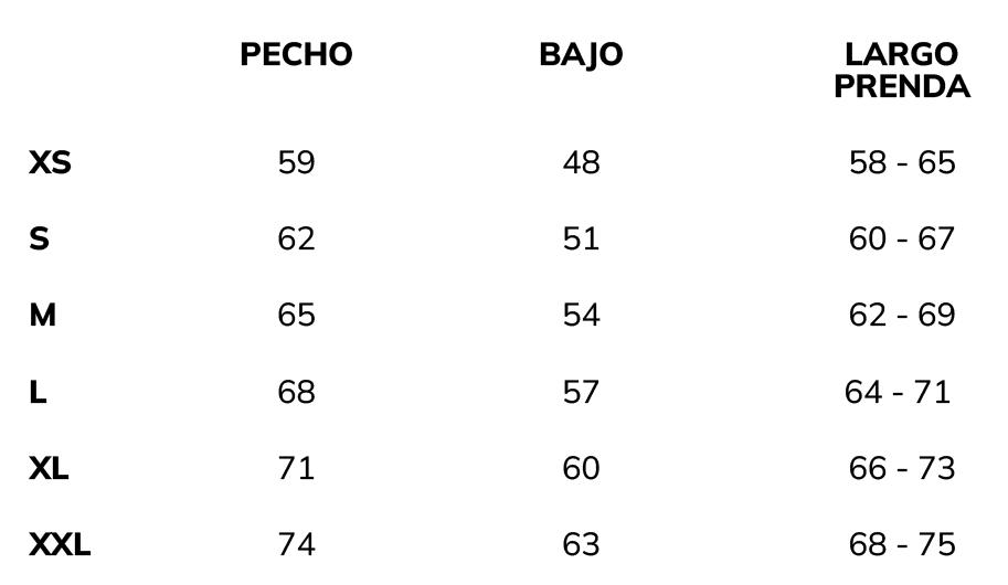 Guía de tallas de la Bomber Poder Femenino de Anabel Lee