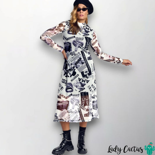 Vestido Collage Blanco de Aire Retro con tul print etéreo y rebeldía urbana