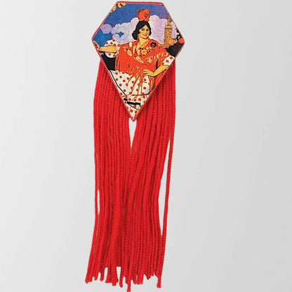 Broche original de madera con silueta de la Giralda de Sevilla y flecos