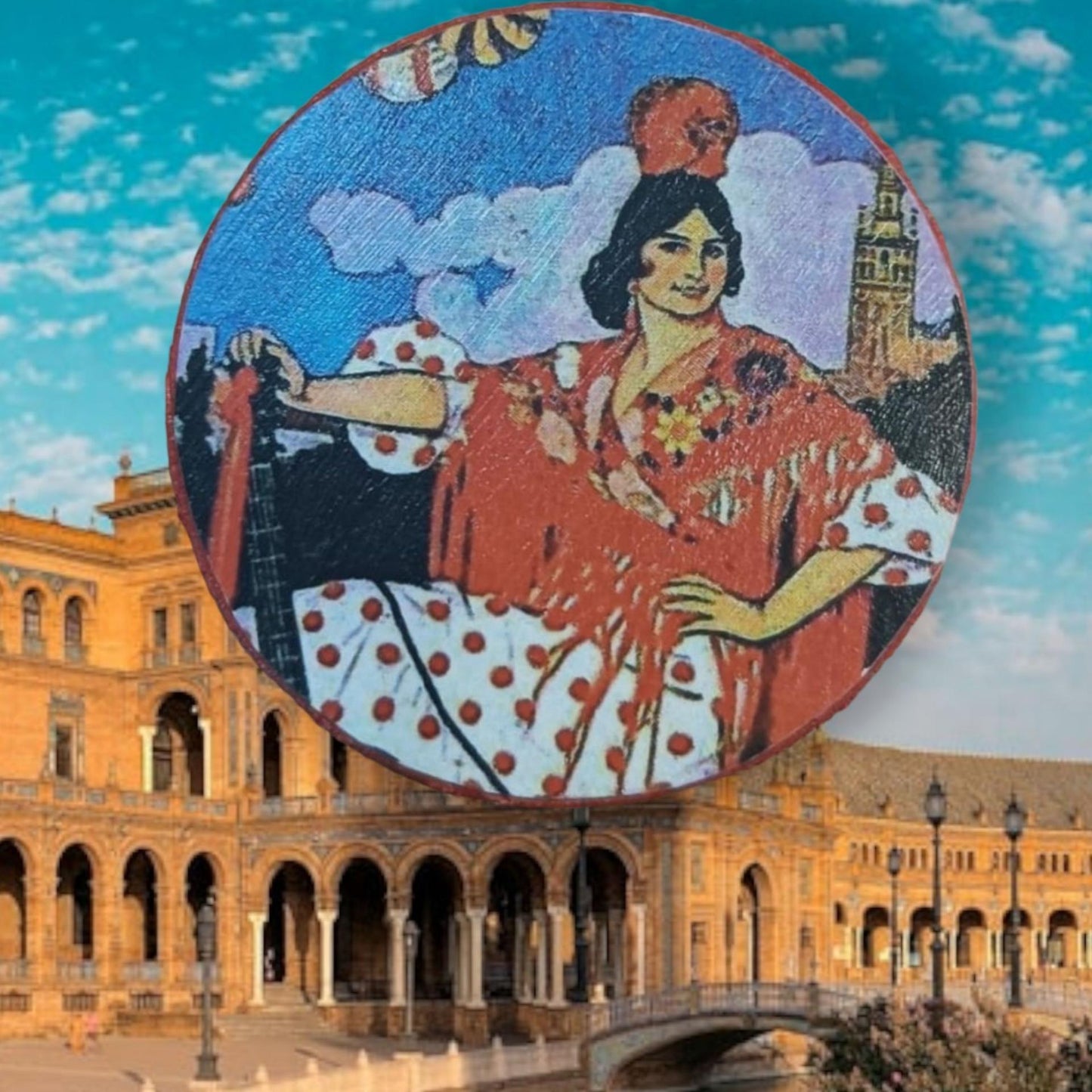 Broche artesanal sevillano hecho a mano con diseño de flamenca y monumento