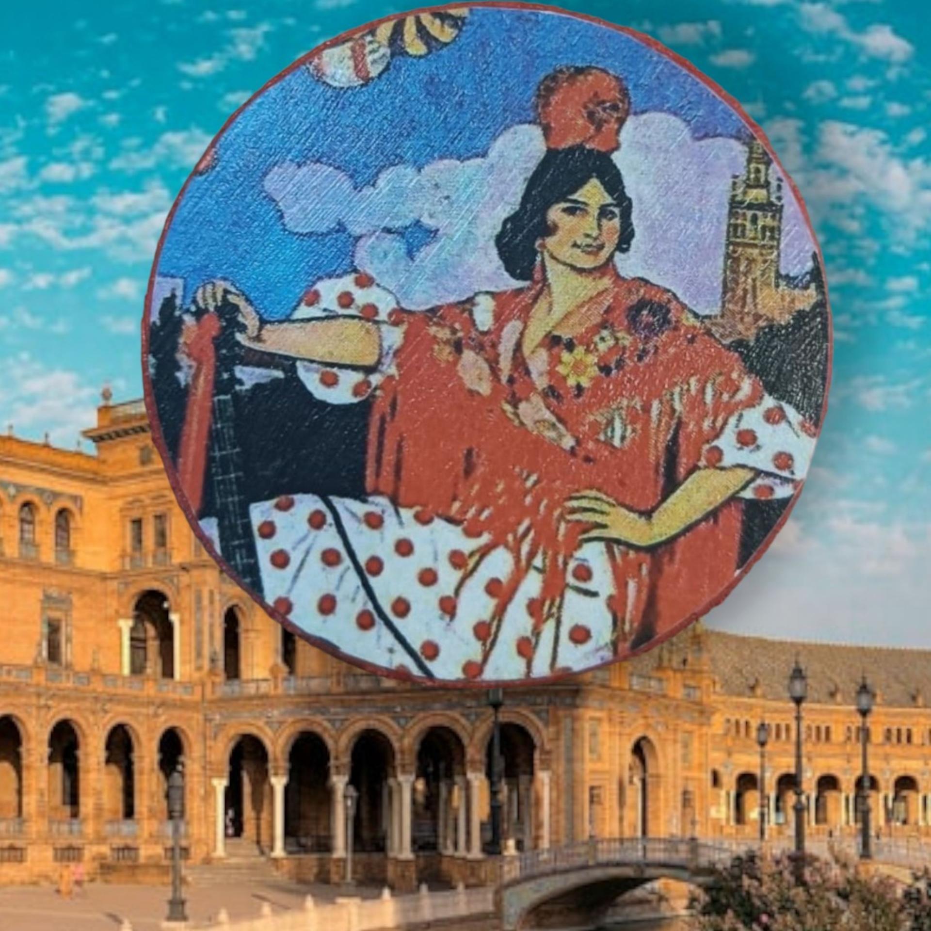 Broche artesanal sevillano hecho a mano con diseño de flamenca y monumento