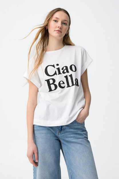Camiseta blanca de algodón con texto Ciao Bella modelo Bellossom de Tiffosi.
