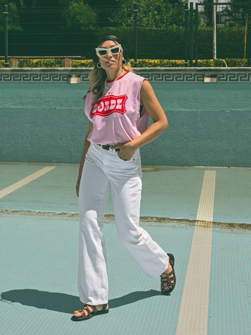 Camiseta borde de Aire Retro rosa sin mangas