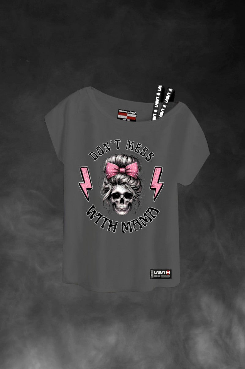 Camiseta MAMA de LASAL gris con calavera y rayos rosas