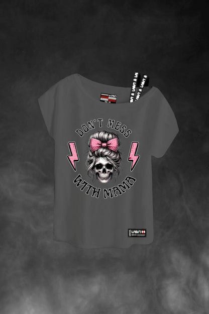 Camiseta MAMA de LASAL gris con calavera y rayos rosas