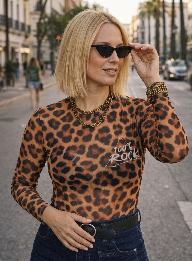 Modelo luciendo la camiseta de tul leopardo con cadenas doradas.