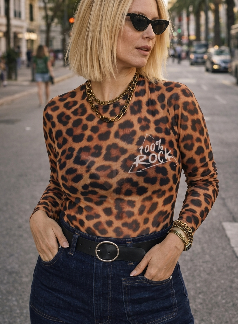 Camiseta de tul elástico con estampado integral de leopardo y logo Rock.