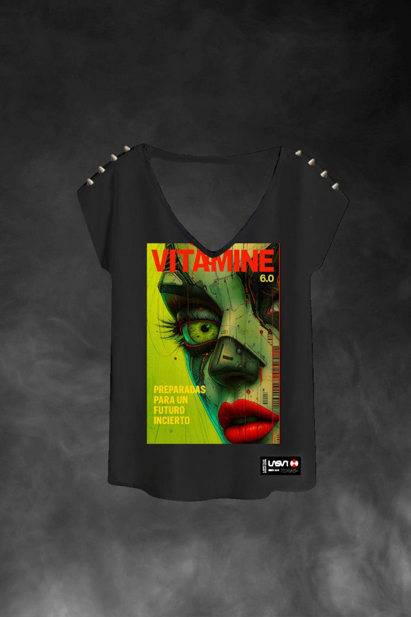 Camiseta negra Vitamine de LASAL con diseño gráfico futurista