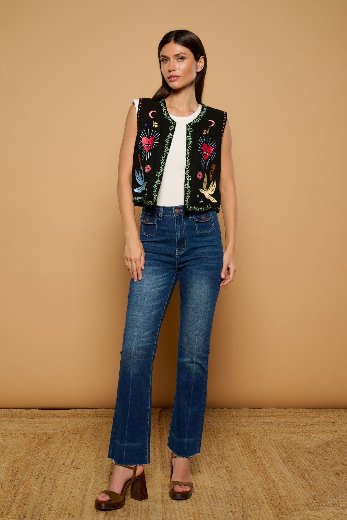 Chaleco de lino y viscosa con diseño abierto para mujer