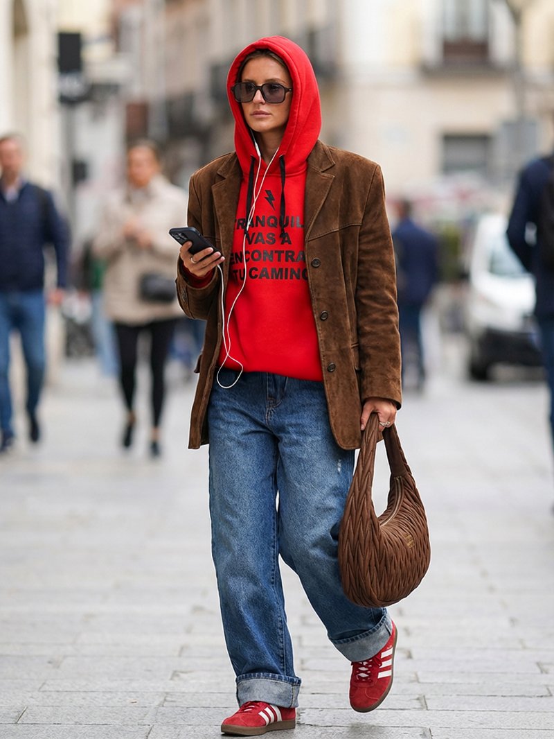 Sudadera roja con capucha ajustable y diseño moderno