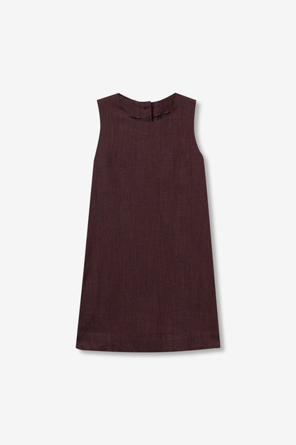 Primer plano del tejido de lino y viscosa del vestido Rebeca chocolate.