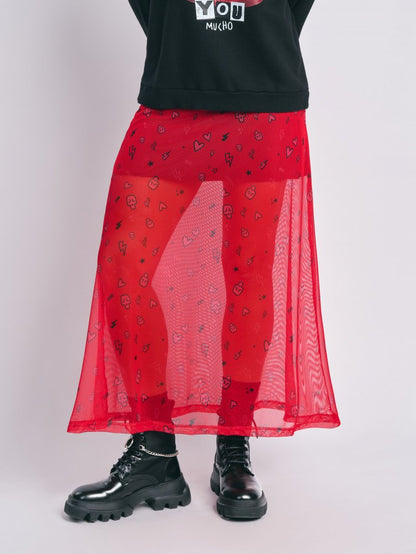 Falda larga de tul rojo con estampado animal y calaveras Aire Retro