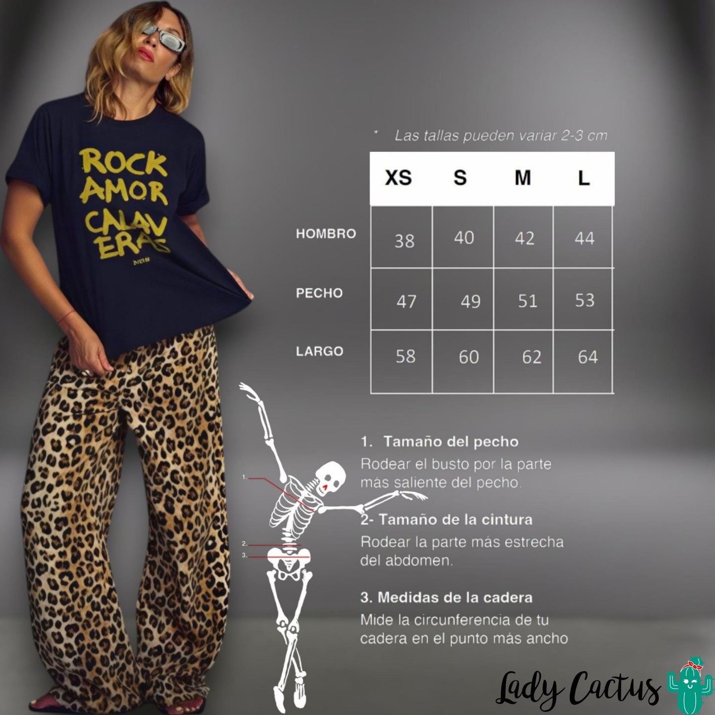 Guía de tallas de la Camiseta Florence Negra de Aire Retro en Lady Cactus