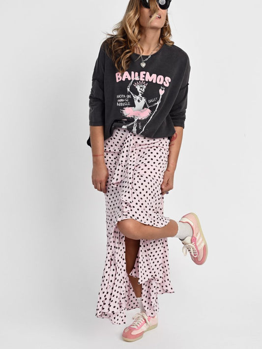 Jersey gris con efecto desteñido vintage y frase Bailemos de Aire Retro.