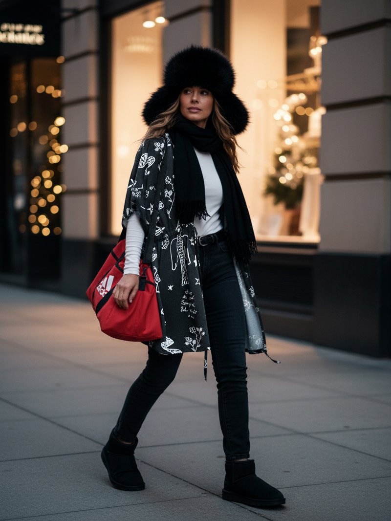 Look artístico con kimono negro y estampado integral de Aire Retro.
