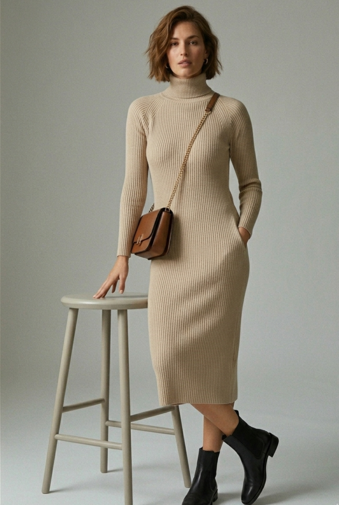 Vestido ajustado de manga larga en color beige de la marca Tiffosi.