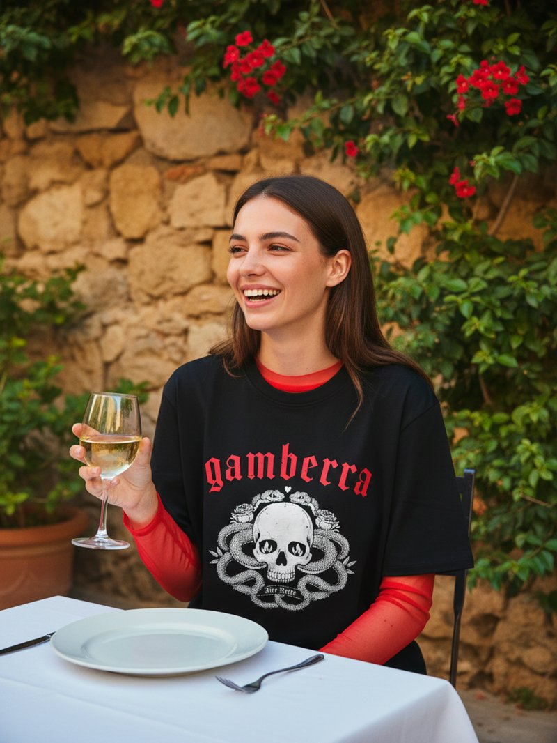 Modelo con la camiseta gamberra negra de Aire Retro en Lady Cactus