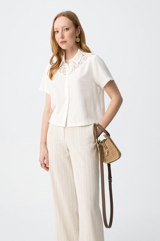 Pantalón ancho beige con rayas sutiles modelo Prevence de Tiffosi