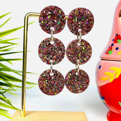 Pendientes Biribila Triple con tres círculos de resina y purpurina de Lady Cactus