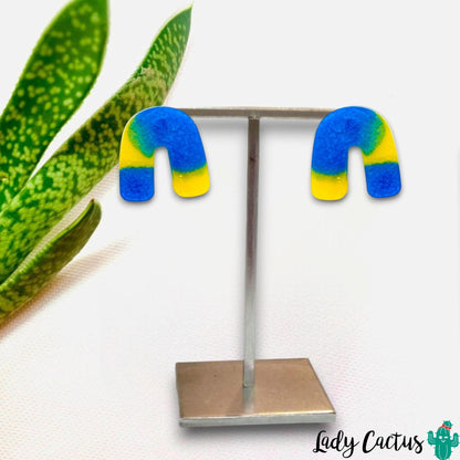 Pendientes en forma de herradura de color azul y amarillo de Lady Cactus