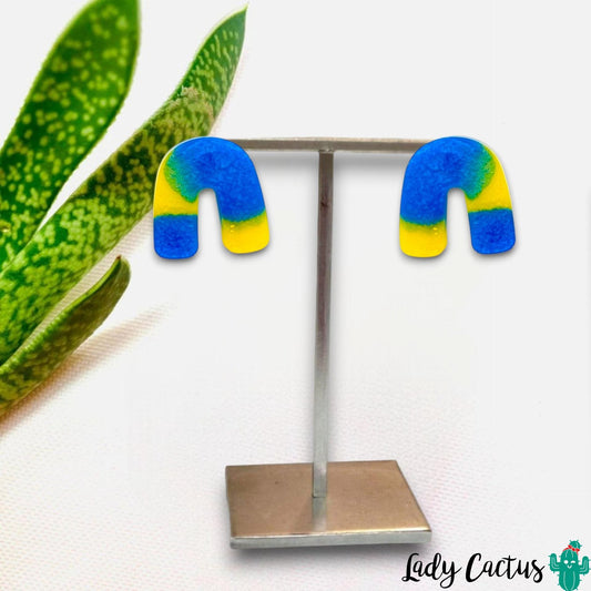Pendientes en forma de herradura de color azul y amarillo de Lady Cactus