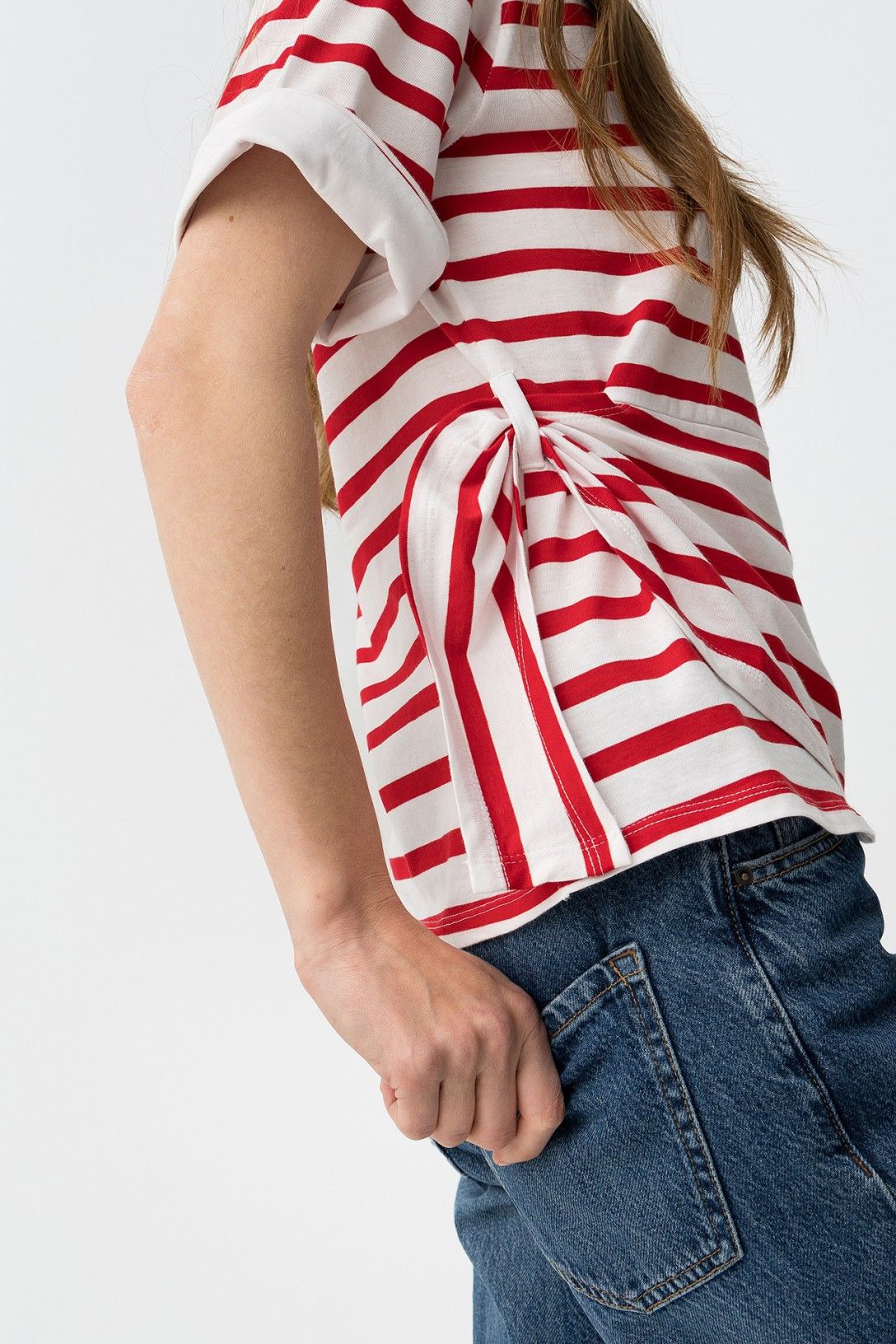 Camiseta básica de algodón roja y blanca para mujer