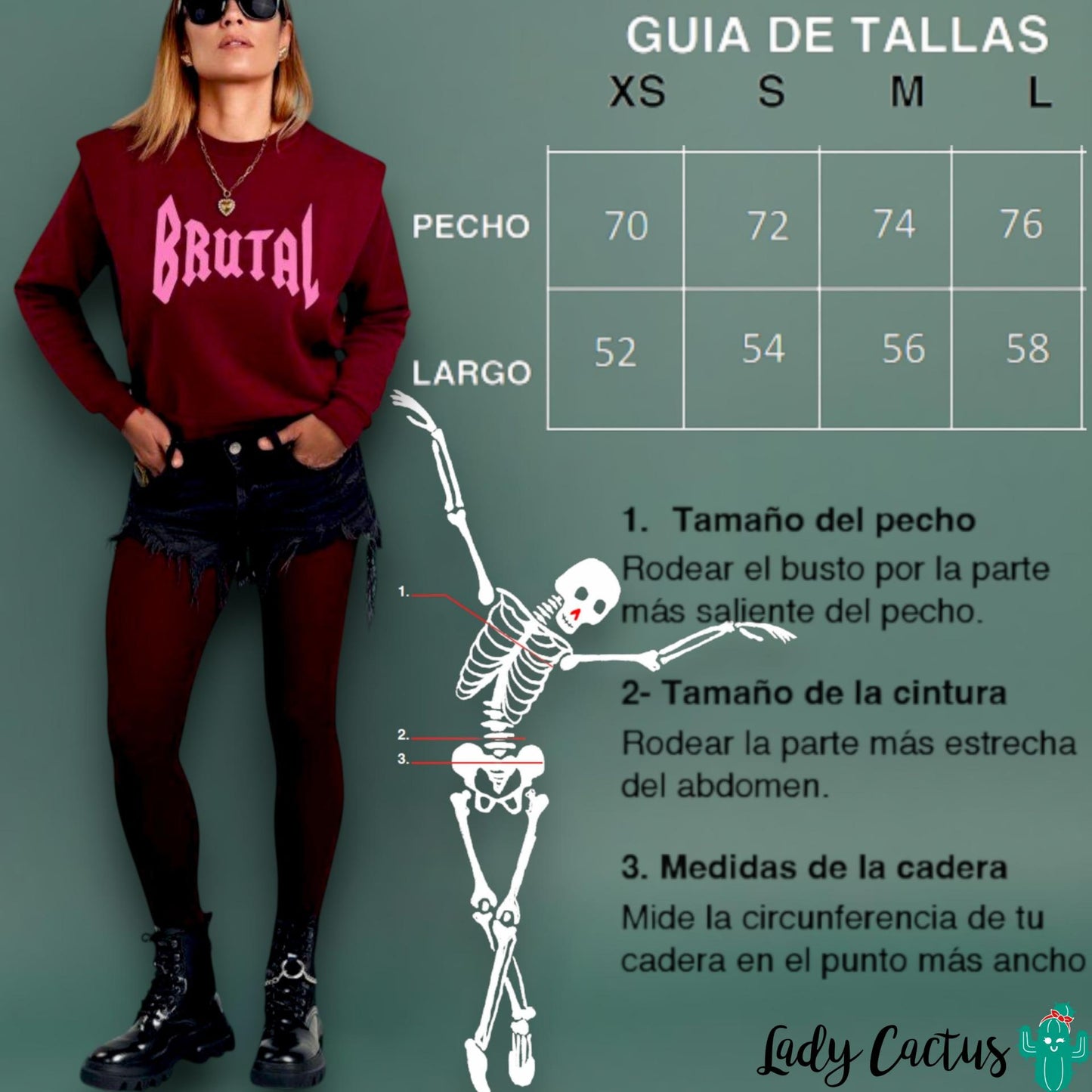 Guía de tallas de la Sudadera Burdeos Brutal de Aire Retro en Lady Cactus