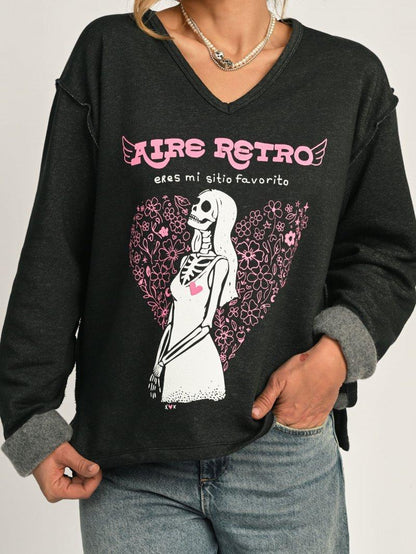 Sudadera gris con cuello en pico modelo Mi sitio favorito de Aire Retro