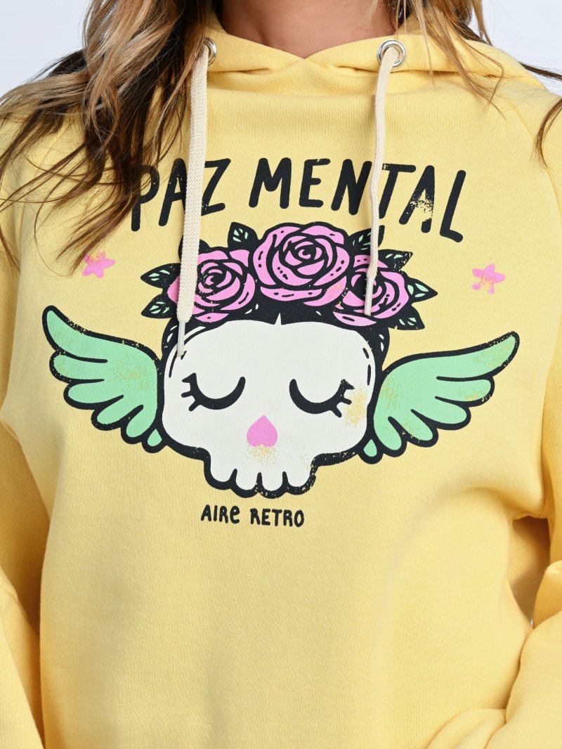 Sudadera amarilla con capucha y mensaje Paz Mental de Aire Retro