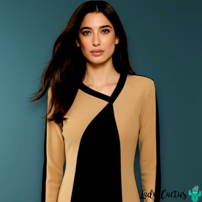 Vestido Camel con cuello asimétrico de Minueto para originalidad rompedora