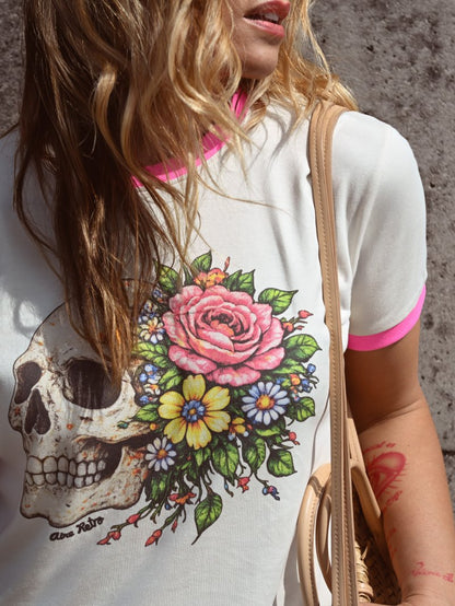 Vestido Catrina de Aire Retro en color beige y vivos rosas