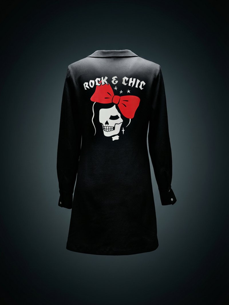 Vestido negro con corte evasé y estilo rockero para mujer