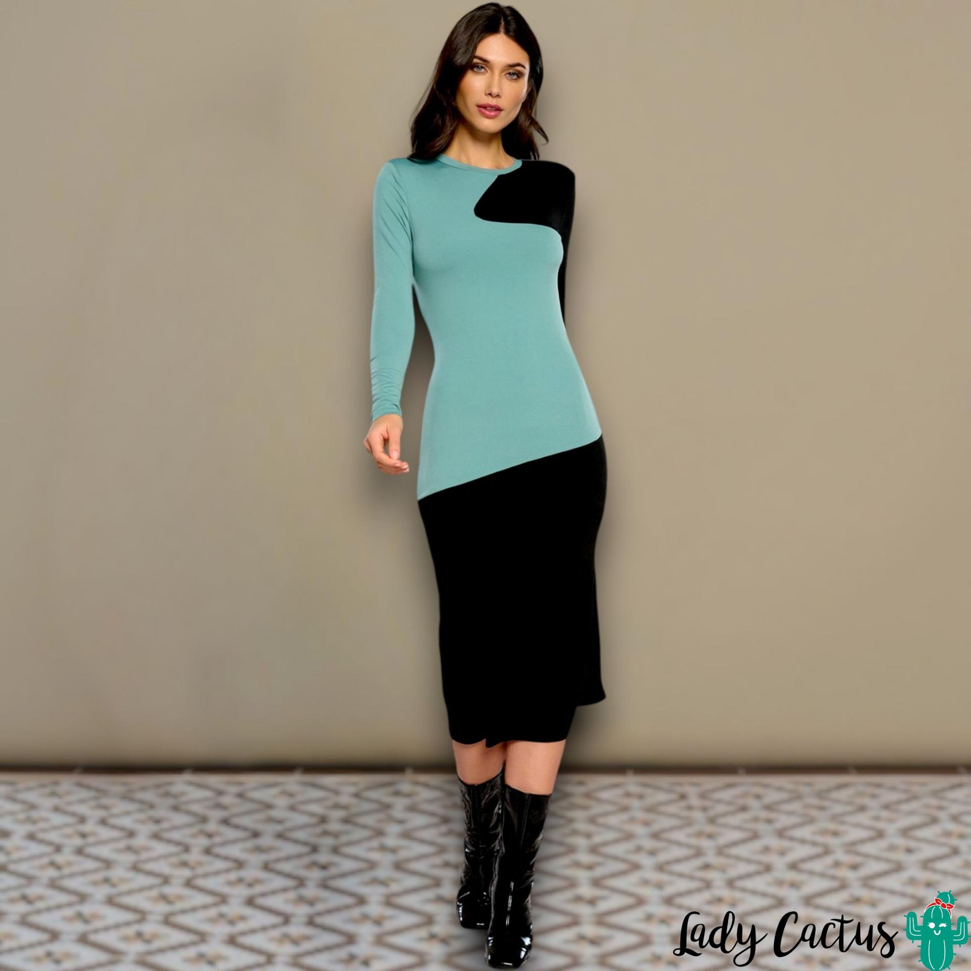 Vestido Gatto de Minueto en Lady Cactus con color block turquesa negro y audacia urbana