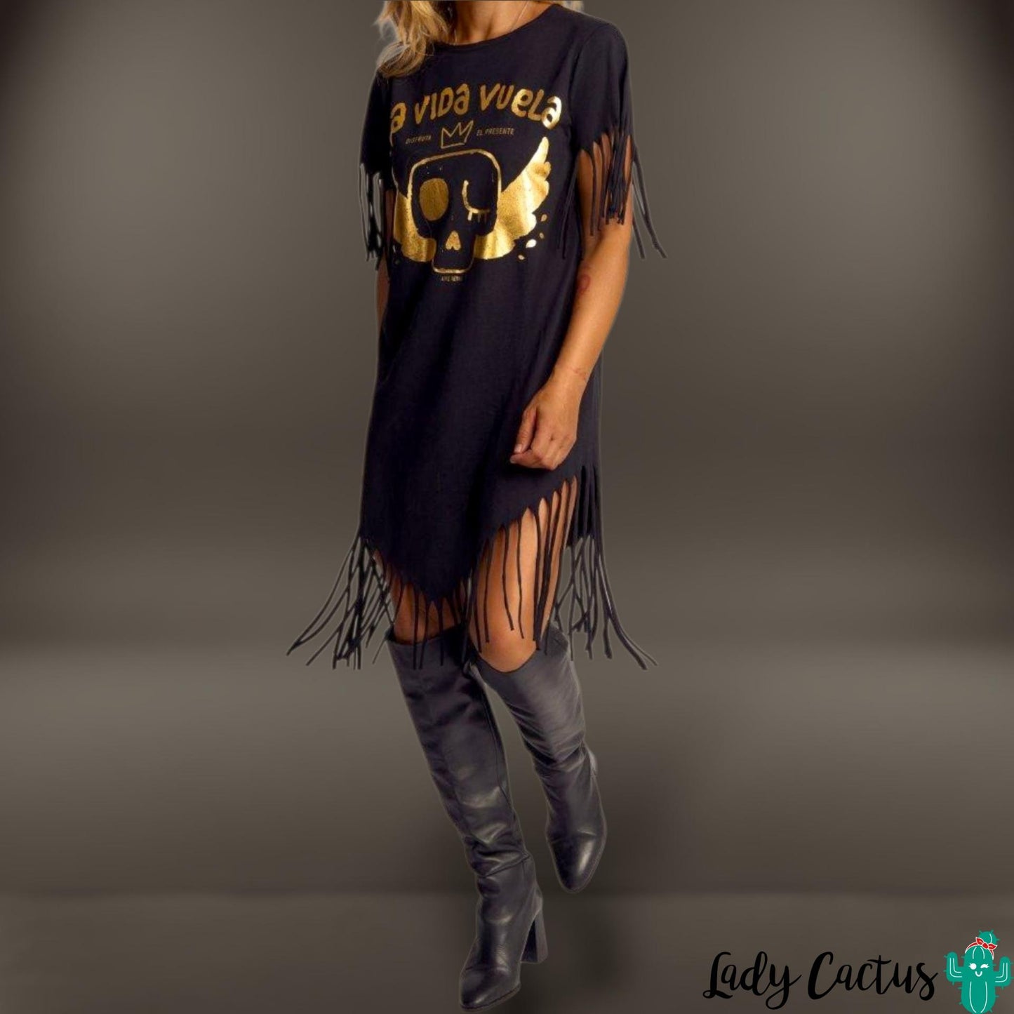 Vestido La Vida Vuela de Aire Retro en Lady Cactus con flecos