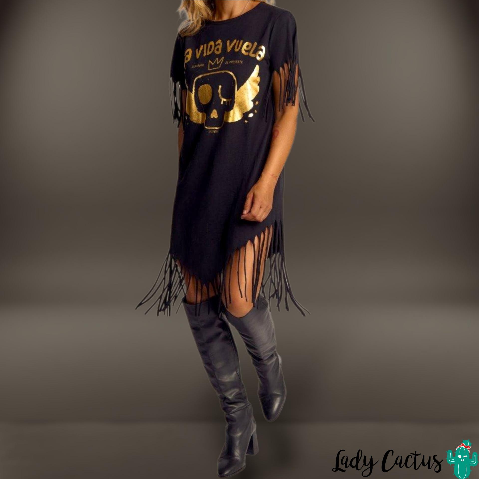 Vestido La Vida Vuela de Aire Retro en Lady Cactus con flecos