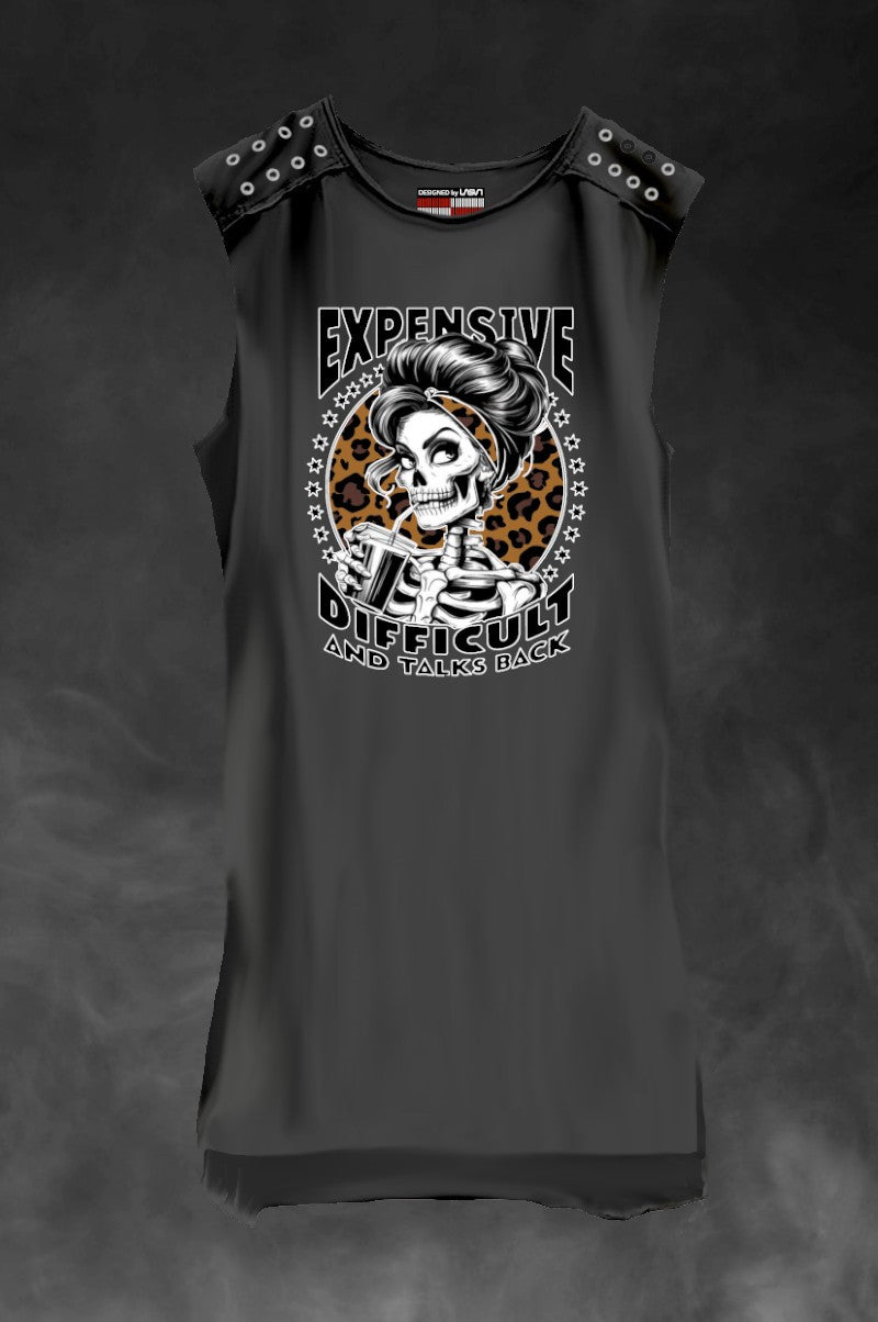 Vestido LASAL gris oscuro con print de calavera y fondo de leopardo