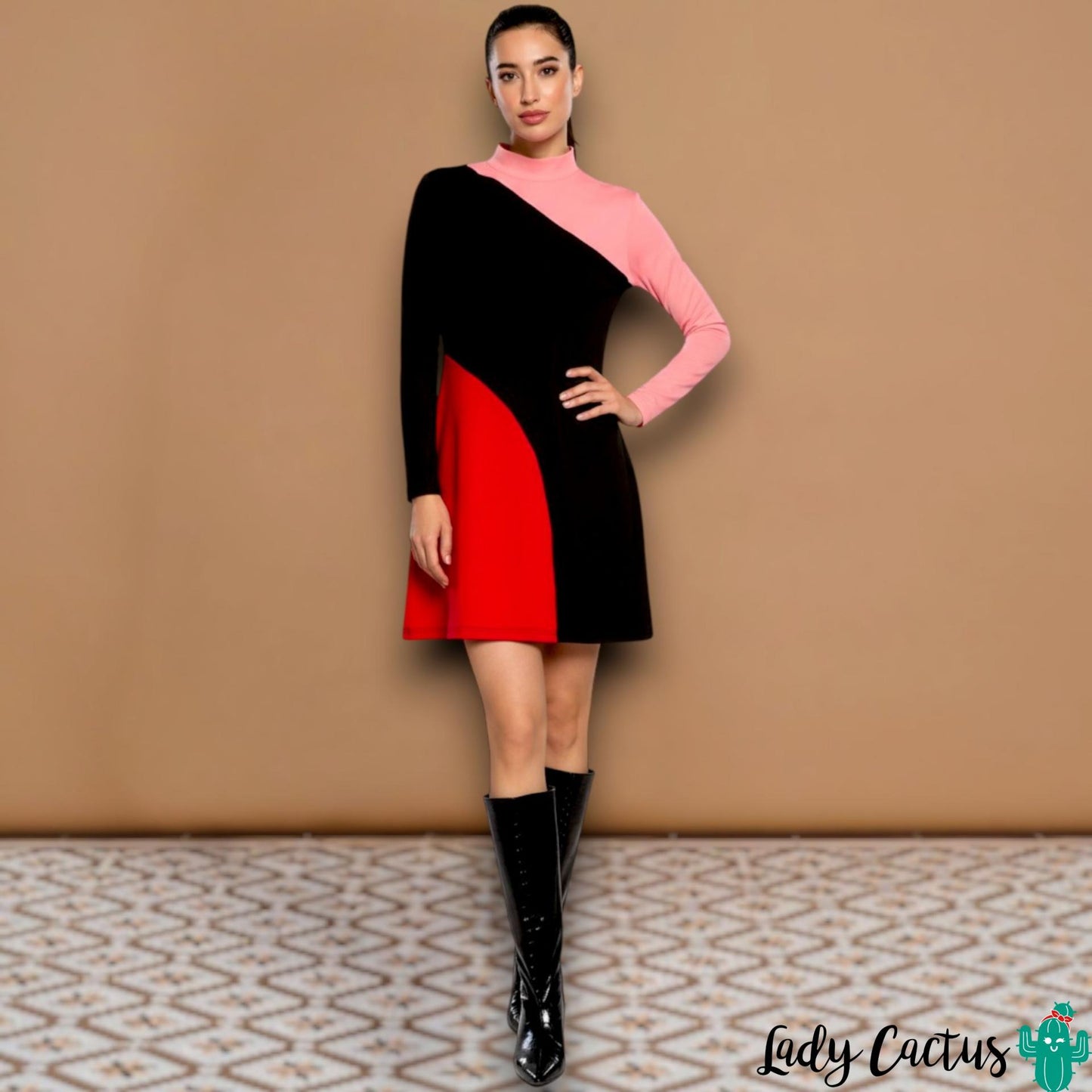 Vestido Tina de Minueto en Lady Cactus con color block vibrante y audacia urbana